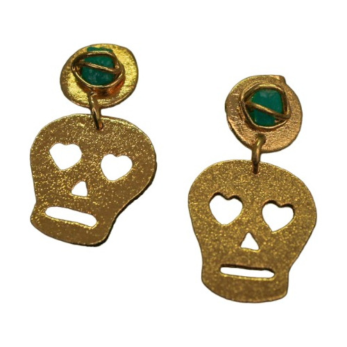 Aretes Calavera Mujer Enchape Oro 24k Con Esmeralda En Bruto