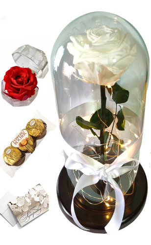 Rosa Preservada Natural Color Blanca + Luz Led + Obsequios