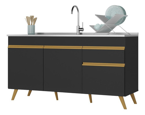 Balcão Cozinha Gabinete Pia 150cm Veneza Multimóveis V2072 Cor Preto/dourado