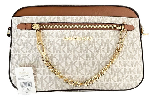 Bolsa Michael Kors Para Dama Crossbody Jet Set Original Beige Monograma Dorado Marrón Claro