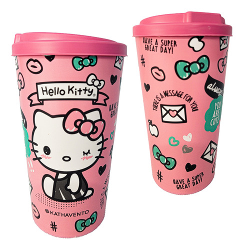 Kit 6 Copos Bucks Café Viagem Hello Kitty Com Tampa 550ml