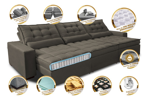 Sofá Retrátil e Reclinável 3,52m com Molas Ensacadas Cama Inbox Gold Tecido Suede Velusoft Café