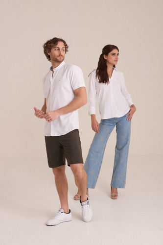 Camisa Porto Blanco Lino Blanca Cuello Mao- Estilo Moderno