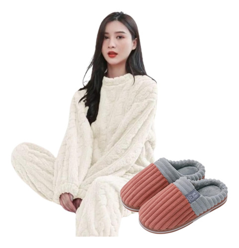 Conjunto Polar Invierno Pijama + Pantuflas Mujer 