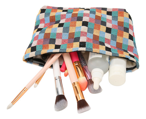 Bolsa De Cosméticos De Lona Con Estampado A Cuadros, Portáti