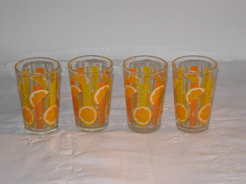 4 Vasos Antiguos Vintage Decorado Lemon Orange 