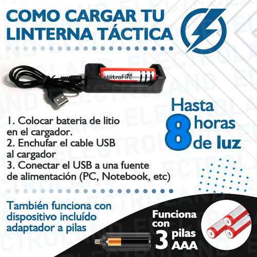 Imagen 5 de 10 de Linterna Táctica Militar Led Multiuso Caza Camping Carga Usb