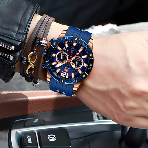 Reloj Para Hombre Marca Ryscom Sub Esferas Minutos Segundos Correa De Silicona Caja De Acero Inoxidble Mancillas Luminosas Verde Por La Noche Deportivo 3atm Calendario Azul Con Dorado