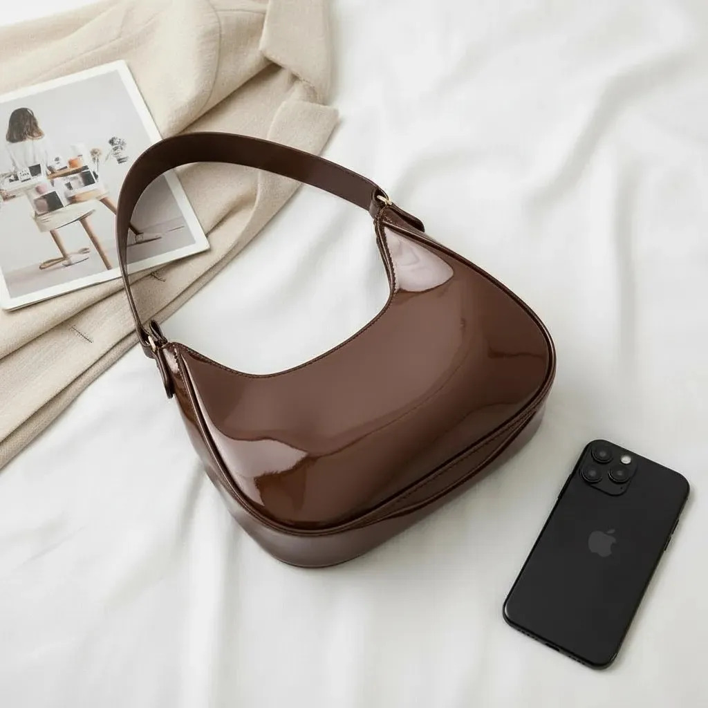 Bolsa Feminina Baguete Espaçosa De Ombro Estilosa Casual Cor Verniz Café