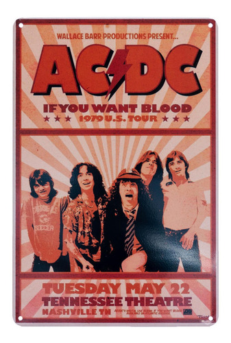 Cuadro Metalico Vintage Diseño Tour Ac/dc 1979/ Runn.