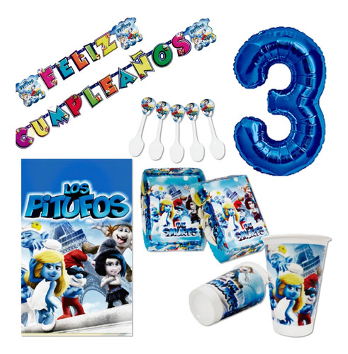  Kit Decoración Cumpleaños Los Pitufos X12 Niños + Numero