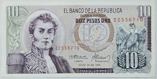 Billete 10 Pesos 20/jul/1974 Colombia Unc