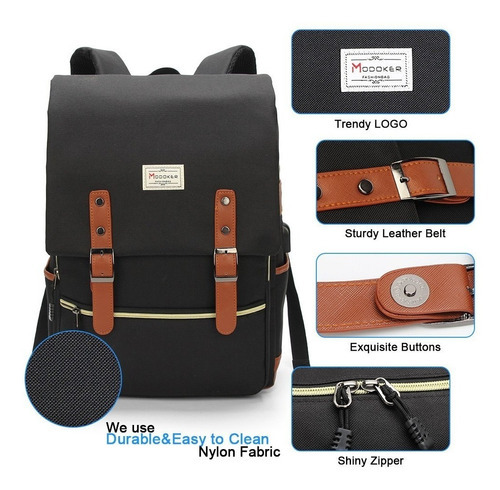 Imagen 2 de 5 de Modoke Mochila P/ Laptop Estilo Vintage Puerto Usb Carga Ngr Color Negro