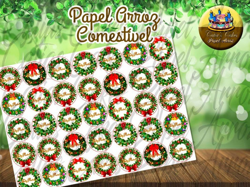 Papel De Arroz Redondo 3,8 Cm Comestível Guirlanda Natal