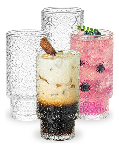 Set 4 Vasos Vidrio Relieve Flor Begonia 280ml Agua Cafe