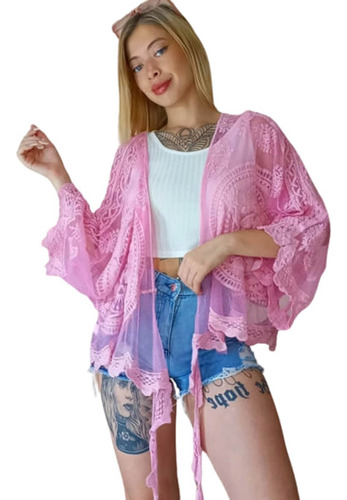 Kimono Importado De Tul Corto, Mangas Anchas (art.s10521)