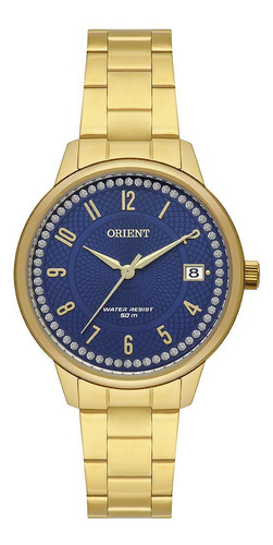 Relógio Orient Dourado Azul Strass 36mm Aço Inox