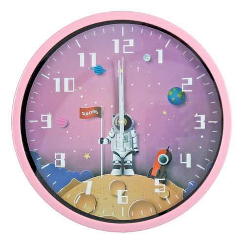 Reloj De Pared Redondo Analogico Moderno Silencioso 12120 Estructura Rosa Astronauta En Luna