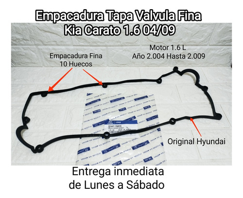Empacadura Tapa Valvula Fina Kia Carato Motor 1.6 04/09