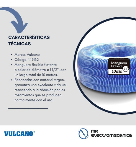 Imagen 3 de 10 de Manguera Vulcano Pileta Flotante 1 1/2 PuLG X 10 Metros