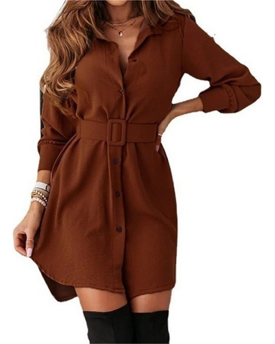 A Vestido Camisero De Manga Larga Con Botones Y Cinturón