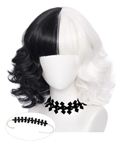 Corto Negro Y Blanco Peluca + Collar Curly Wavy Bob Lqbyi