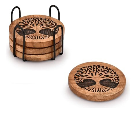 Juego De 4 Posavasos Kimona Hechos A Mano, Redondos De Mader