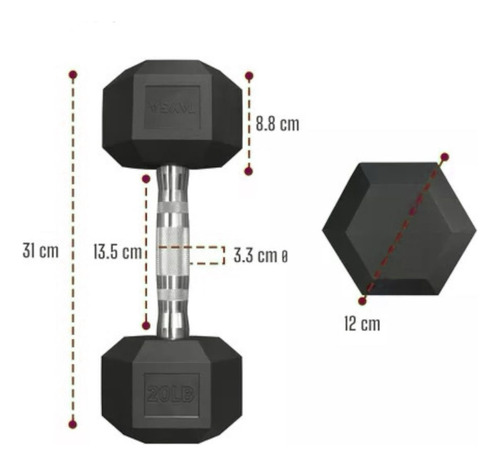 Mancuerna Pesa Hexagonal 20lb/9.07kg Para Gym Color Negro