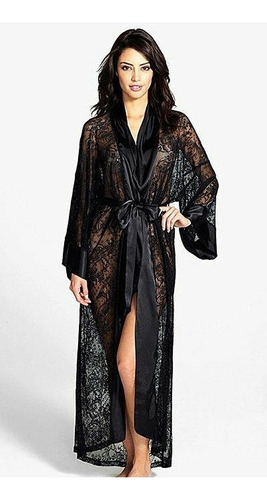 Bata Kimono Larga Encaje Saten Talles Sexy Moda 2019