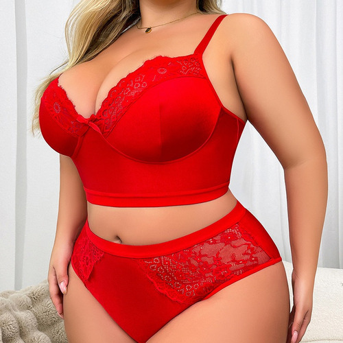 Coordinado De Lenceria Encaje Talla Grande Rojo Push-up Boga