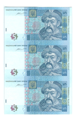 Ucrania - 3 Billetes 5 Hryven 2015 - Sin Cortar - Unc