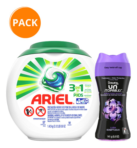 Pack Detergente Ariel 57 Cápsulas + Downy Beads Lush 141gr