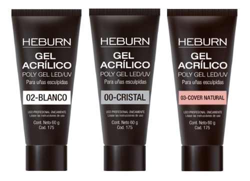 Heburn Kit X3 Gel Acrílico Poly Gel Uñas Esculpidas 60gr 175