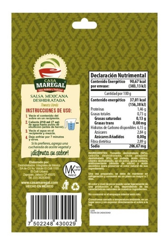 Imagen 2 de 4 de Salsa Mexicana Deshidratada Salsa Verde 35gr Caja C/14