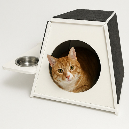 Cucha Para Gatos Con Rascador Y Soporte Para Comida Y Agua Gris