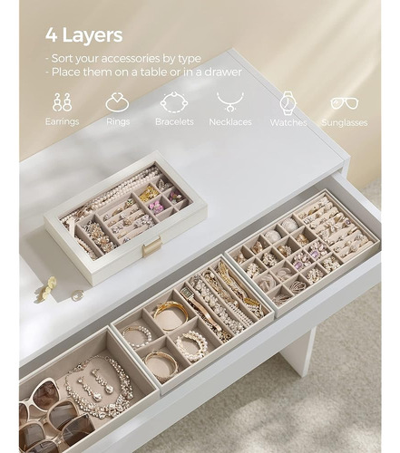 Songmics Caja Joyero Con 4 Bandejas Apilables, Caja De Joyas Grande, Tapa De Cristal Transparente, 17 X 28 X 18,3 Cm, Para Cajón De Tocador, Idea De , Blanco Mjbc164w01