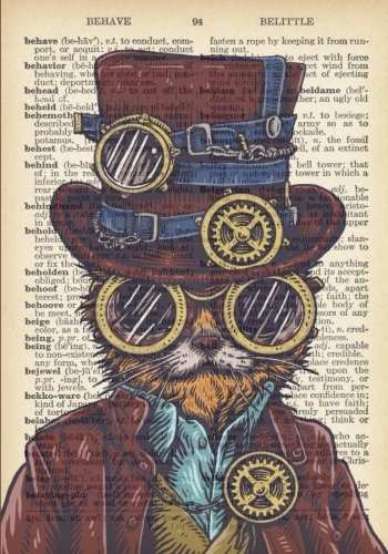 Steampunk Gato Vintage Diccionario Material Grafico 7 X 10 P