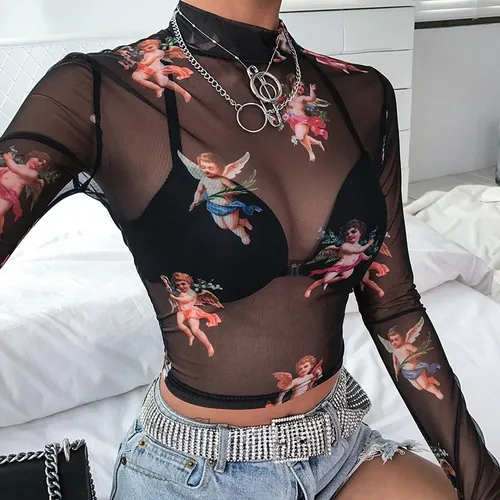 Blusa Negra Angelitos Tranparente Moda Fashion Dama Juvenil