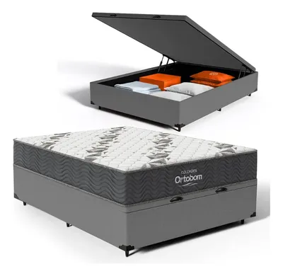 Cama Box Baú Casal + Colchão Espuma D33 Ortobom Airtech 100 Cinza