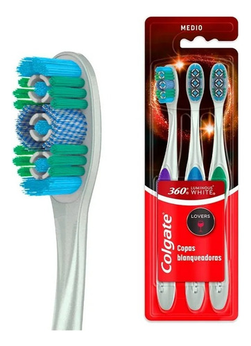 3 Pza Cepillo Dental Colgate 360° Luminous White Lovers Copa
