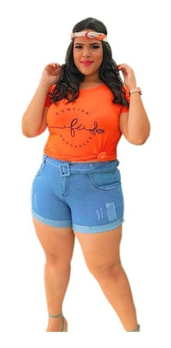 Short Plus Size Feminino Jeans Curto C Lycra E Cinto Fivela
