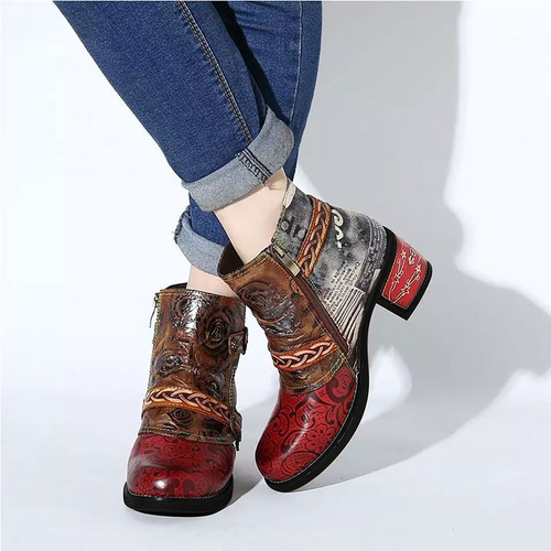 Botas De Mujer Zapatos Estampado Cinturón De Tacón Alto A Ju