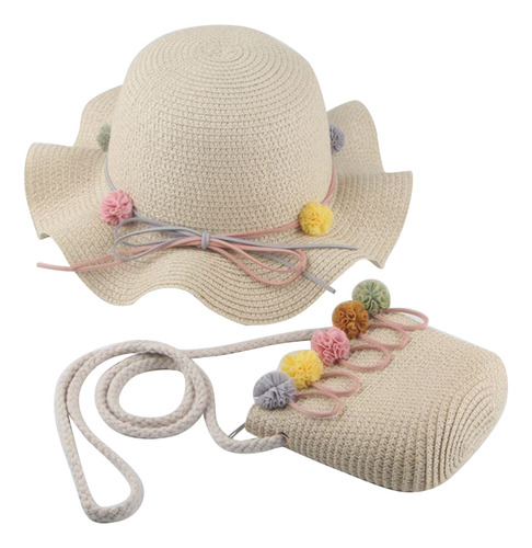 Gorro De Sol Beige Con Pajita Ondulada Para Niñas Con Bolsa