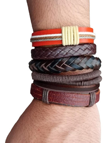 Conjunto Pulsera Brazalete Hombre Moda Cuero Marrón 5 En 1