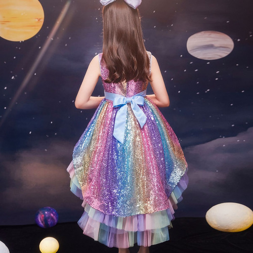 Vestido De Fiesta Color Arcoíris Niña Con Cola Y Lentejuela