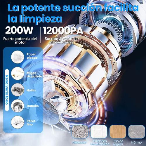 Aspiradora de mano portátil inalambrica 5 In 1 12kpa 200w 660ml con 7 accesorios , puede aspirarse, trapear el piso y soplar aire , para auto y hogar