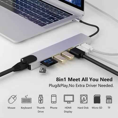 Adaptador Hub Usb-c 8n1 Hdmi Usb 3.0 Micro Sd Rj45 + Aliment
