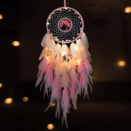 Atrapasueños De Cristal Con Luces Led Y Plumas Rosa