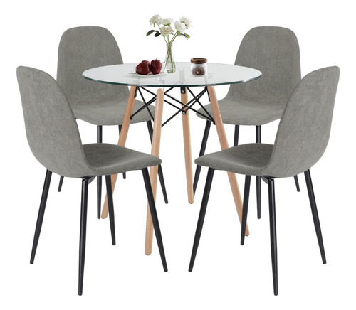 Comedor 4 Sillas, incluye 1 Mesa Comedor Redonda y 4 Sillas Comedor Color Gris HOMEMAKE FURNITURE