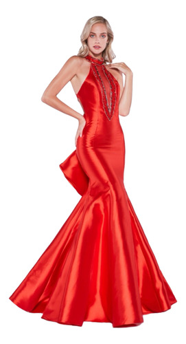 Vestido Largo Rojo Corte Sirena Con Pedrería